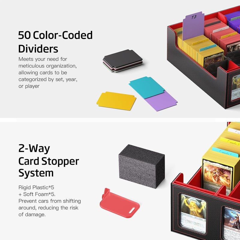 MORCCO Trading Card Storage Box 5-Row 3900+ Capacity,TCG MTG Card Case with Magnetic Lid & Commander Display,Top Loader Storage for Sports Cards,Includes Dividers Dice Box（Black＆Red） - Image 4